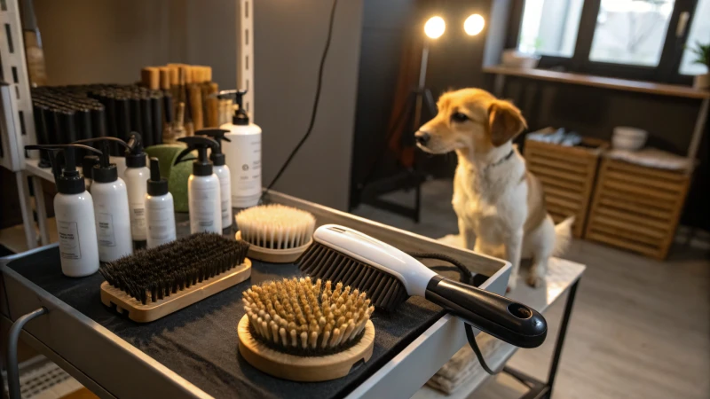 A grooming table with various dog brushes and a small dog waiting