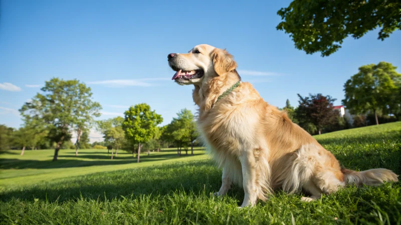 A golden retriever sitting on grass in a park