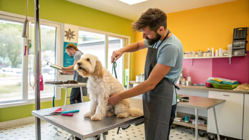 A professional groomer trimming a fluffy dog in a bright salon