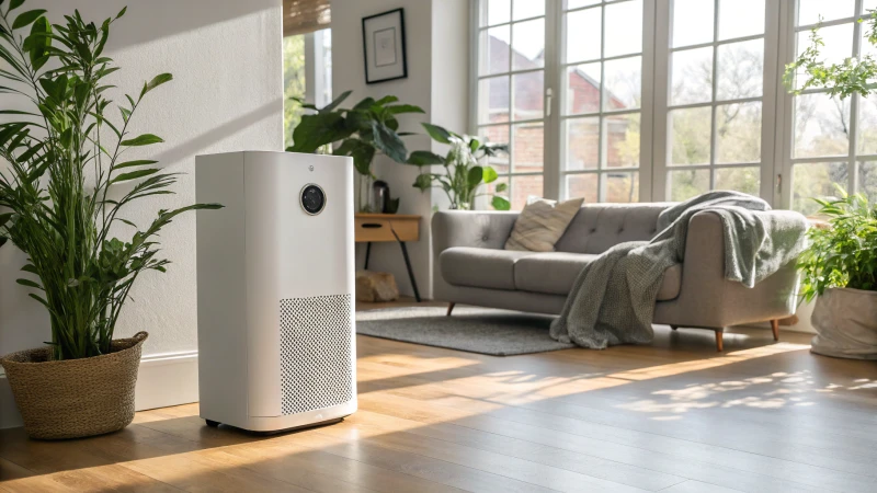 A modern living room with a white air purifier beside a couch