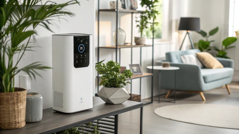 Modern living room with an air quality device on a shelf