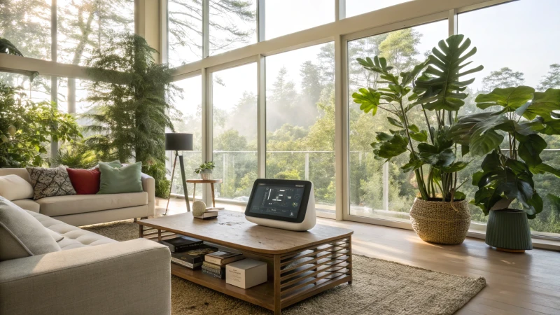 Modern living room with air quality monitor and indoor plants