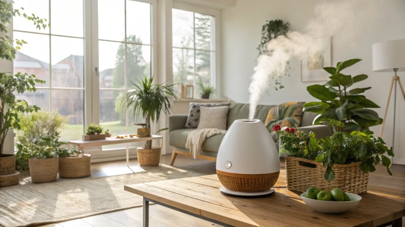 A modern living room featuring an eco-friendly humidifier and indoor plants