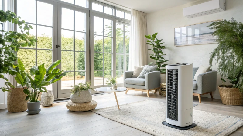 A bright modern living room with an evaporative cooling system and stylish furniture.