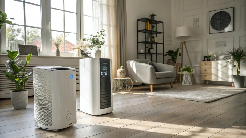 Modern living room with air quality devices