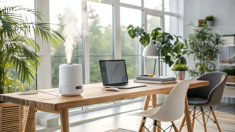 A modern office desk with an air purifier and humidifier