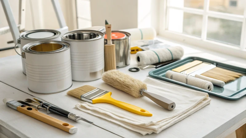 A well-organized workspace with painting and grooming tools