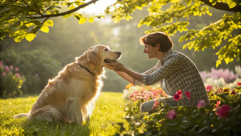 A person grooming a golden retriever in a colorful garden.