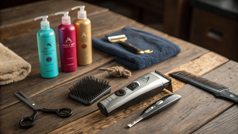 A rustic wooden table displaying various pet grooming tools and shampoos.