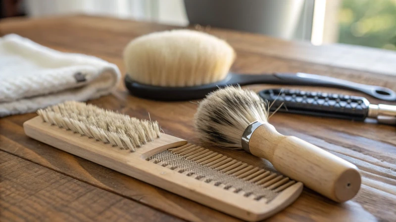 Close-up of grooming tools on a wooden table