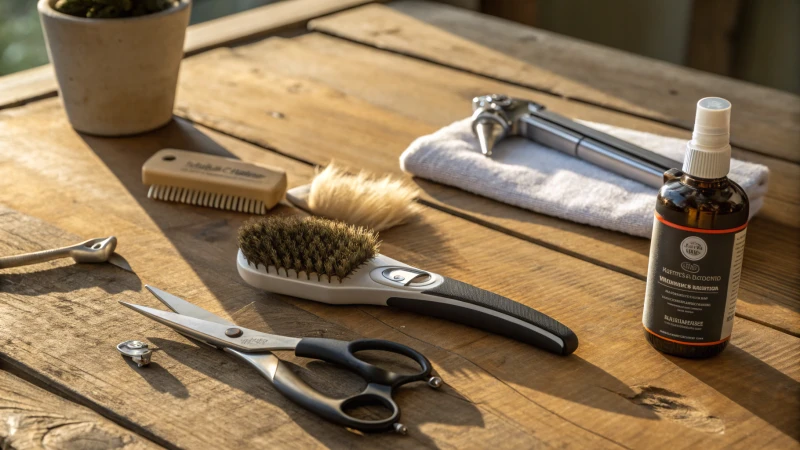 A display of essential pet grooming tools on a wooden table