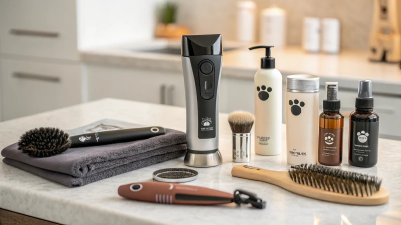 Display of various high-quality pet grooming tools on a countertop