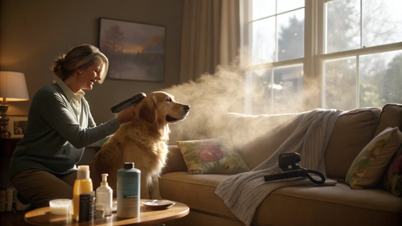 A pet owner brushing a golden retriever on a couch with sunlight streaming in.