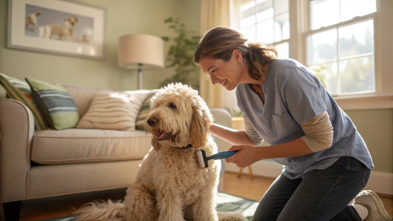 A pet owner grooming a fluffy dog in a cozy room