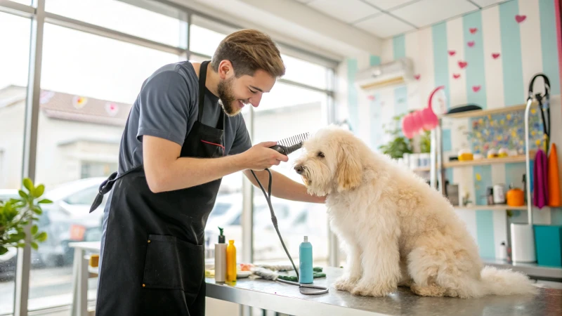 A professional dog groomer trimming a fluffy dog's fur in a bright salon