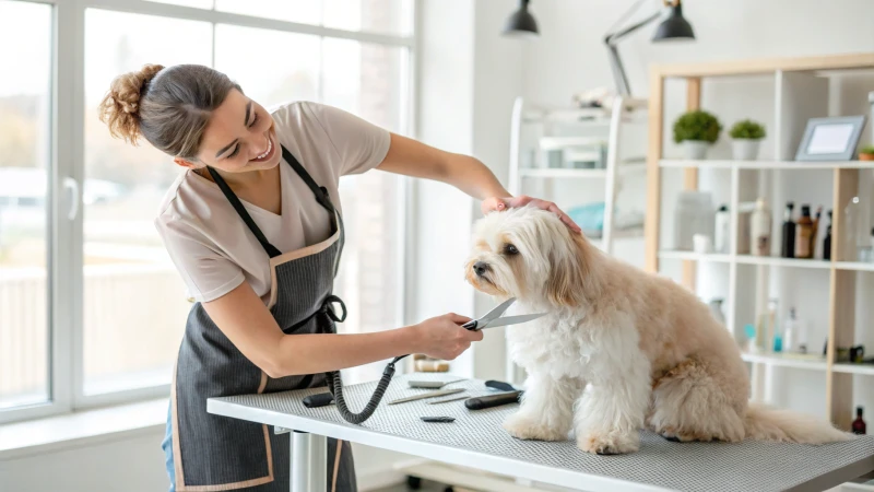 A pet groomer trimming a fluffy dog in a bright salon