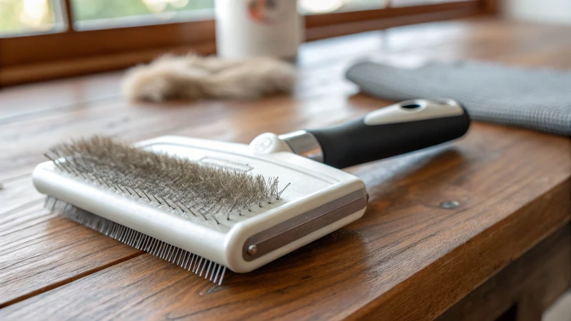 Close-up of a self-cleaning slicker brush on a wooden table