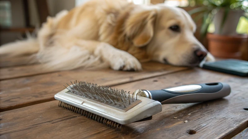 Close-up of a self-cleaning slicker brush on a wooden table with a golden retriever in the background.