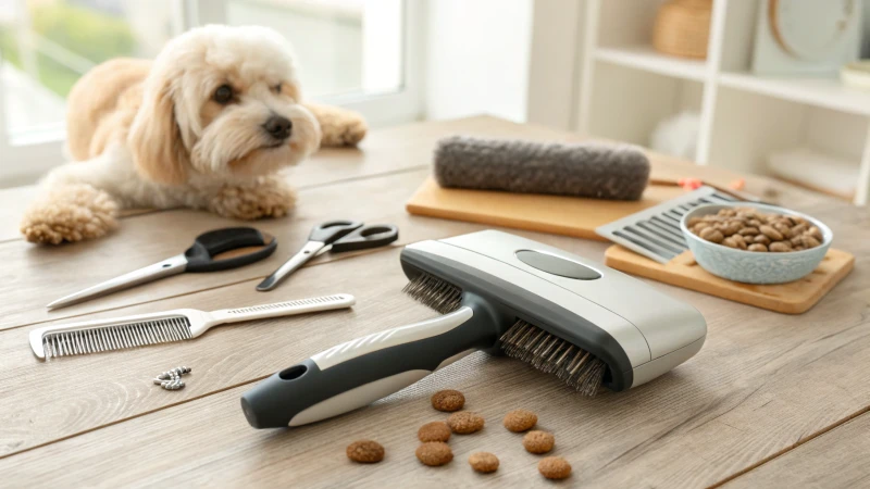 Close-up of a self-cleaning slicker brush on a wooden grooming table with grooming tools and a fluffy dog nearby.