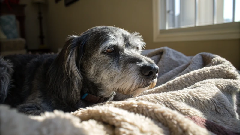 A senior dog resting on a blanket in a sunlit room.