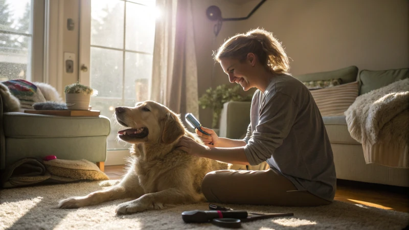 A person grooming a relaxed dog in a sunlit room