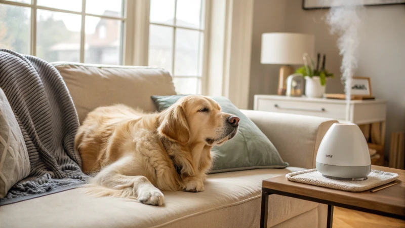 A golden retriever lying on a couch in a cozy living room