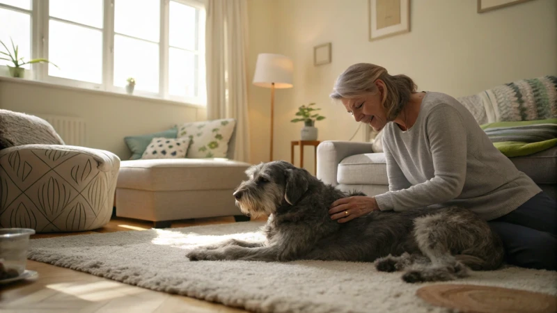 A senior dog being groomed by its owner in a cozy living room