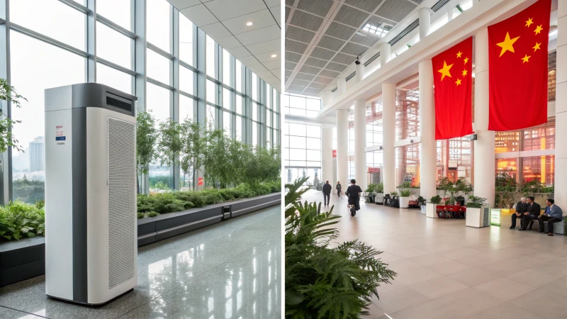 A split image contrasting a modern US office with a bustling indoor space in China.