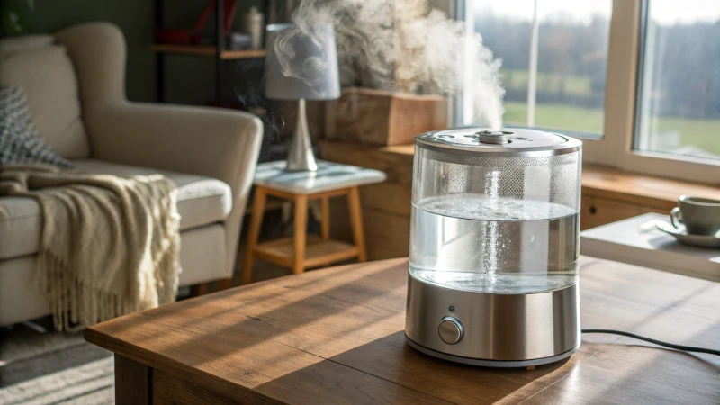 A stainless steel humidifier tank on a wooden table with steam rising from it