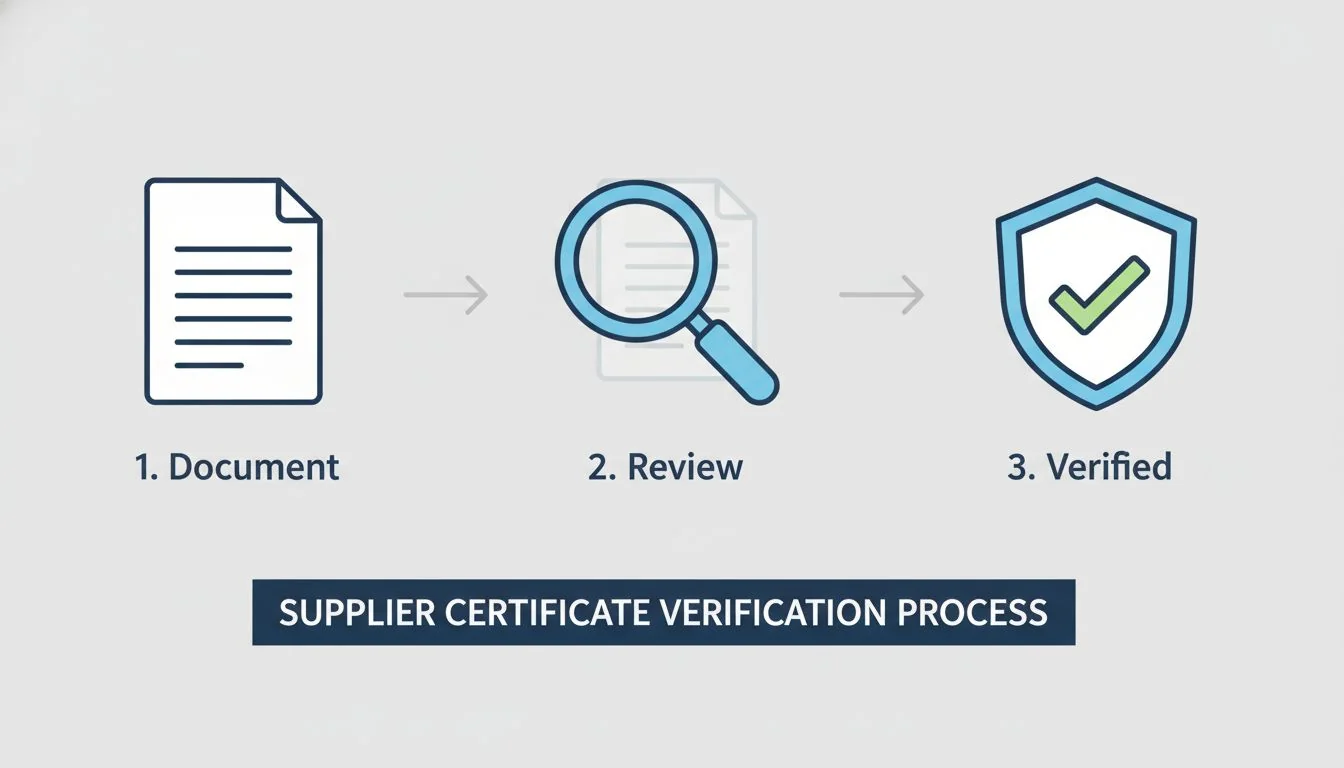 3-step process for verifying supplier certificates An icon-based graphic showing three steps: 1. A document icon, 2. A magnifying glass icon, 3. A checkmark icon inside a shield.