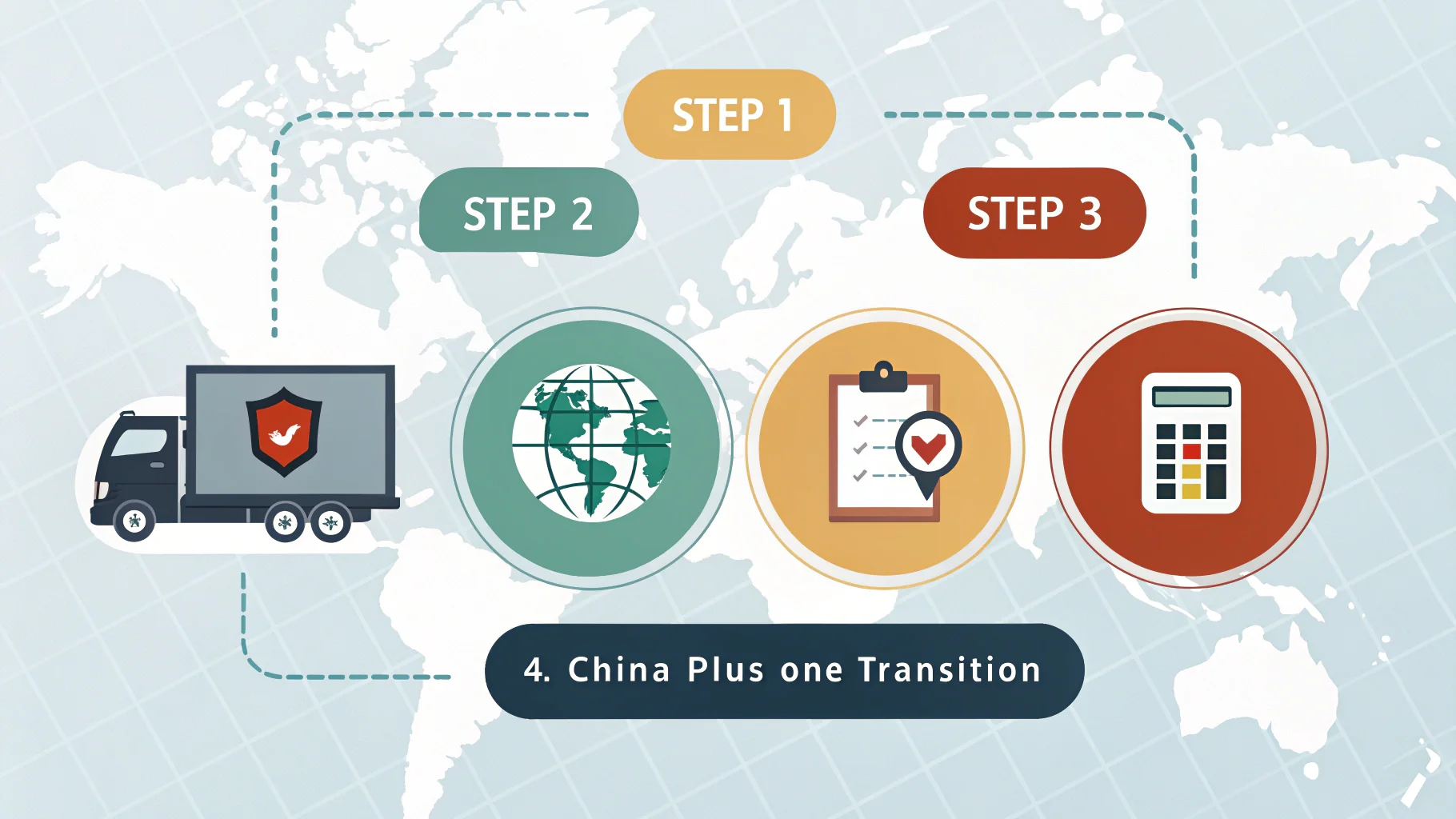 A four-step infographic with icons for: 1. Map/Globe, 2. Calculator, 3. Truck/Ship, 4. Shield/Lock.