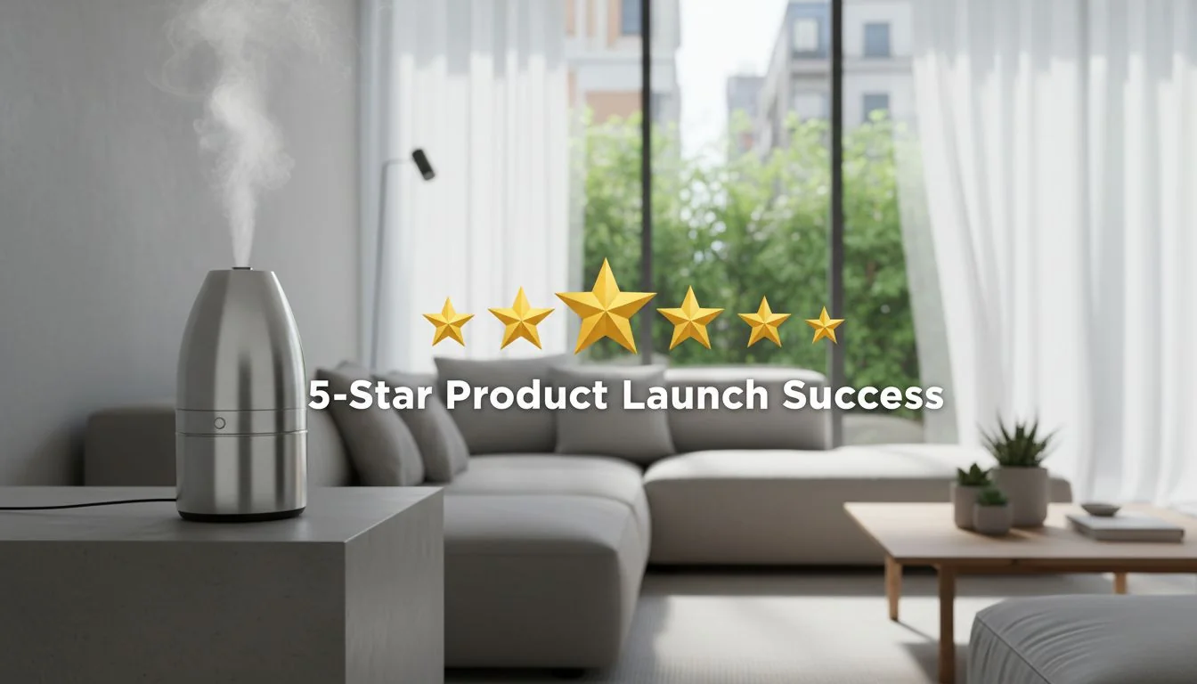 5-Star Product Launch Success A beautiful lifestyle photo of the stainless steel humidifier in a modern home, with five gold stars overlaid on the image.