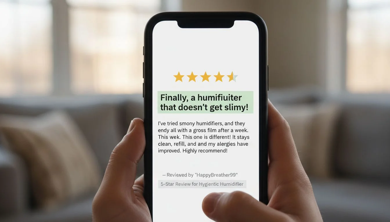 5-Star Review for Hygienic Humidifier A 5-star review on a phone screen, with the text 'Finally, a humidifier that doesn't get slimy!' highlighted.