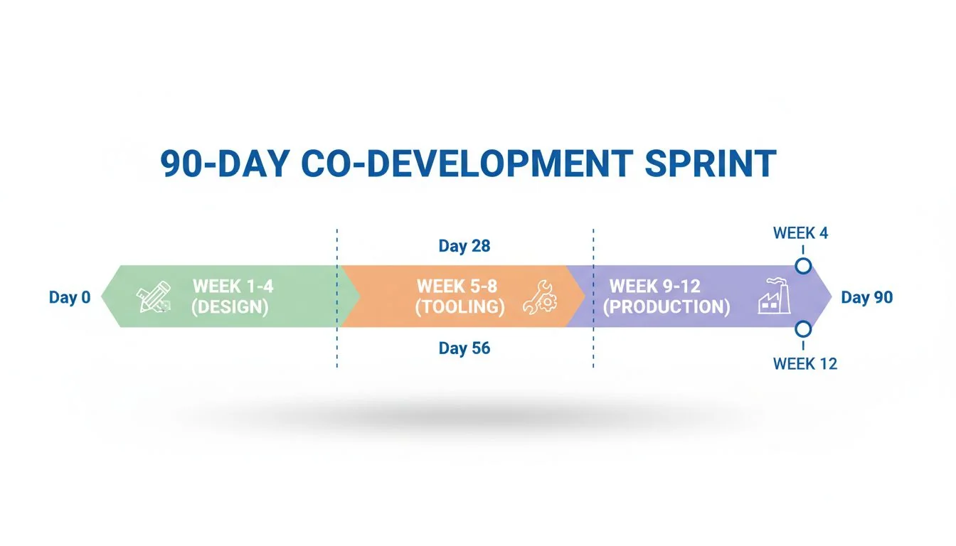 90-Day Co-Development Sprint A simple timeline graphic showing a 90-day sprint with milestones: Week 1-4 (Design), Week 5-8 (Tooling), Week 9-12 (Production).