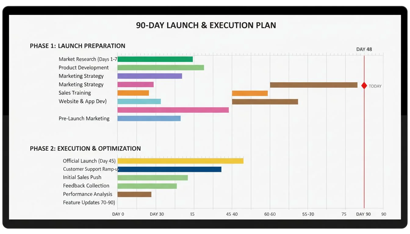 Gantt chart showing 90 day launch plan