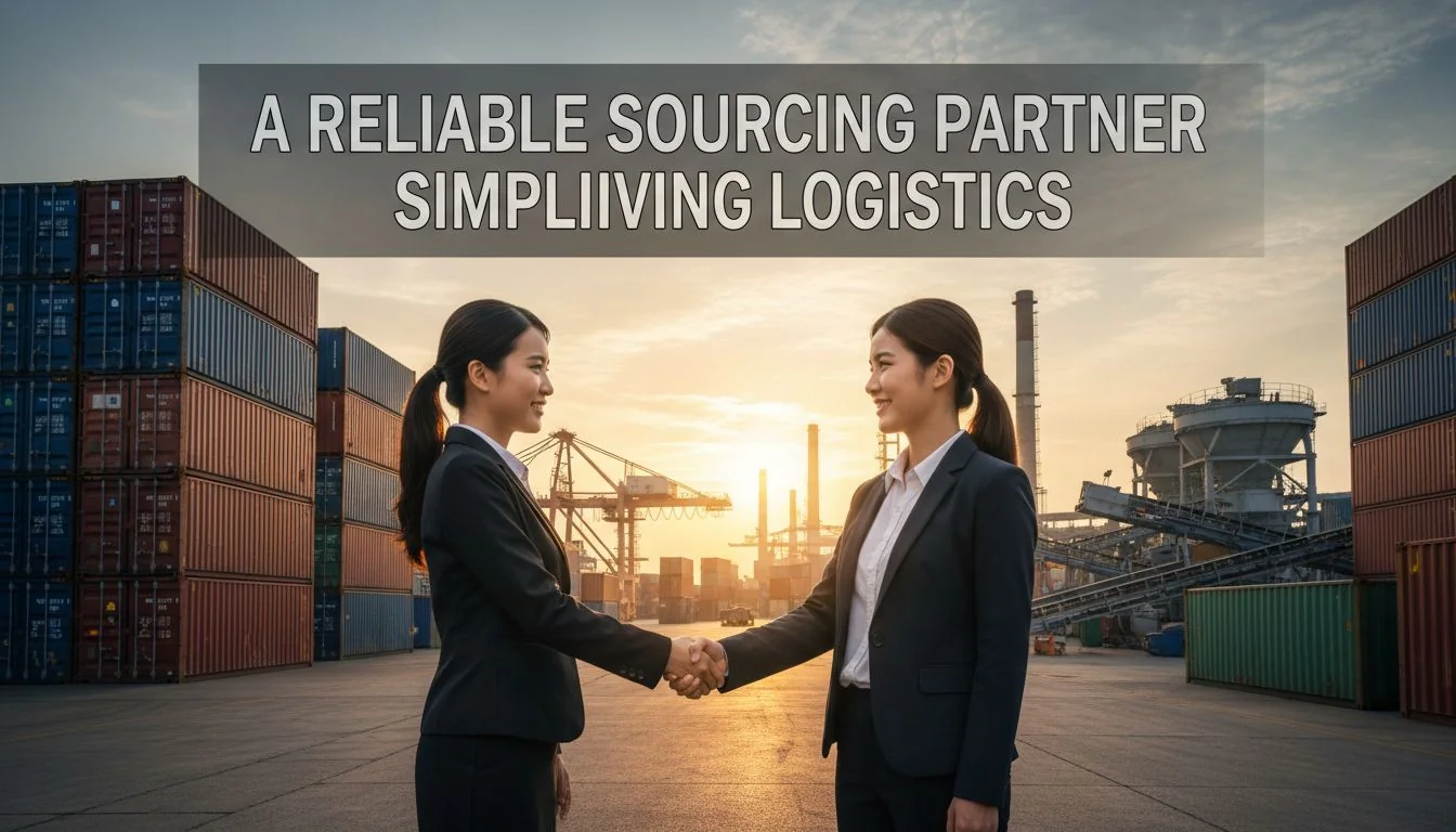 Two people shaking hands in front of a backdrop of shipping containers and factory equipment.
