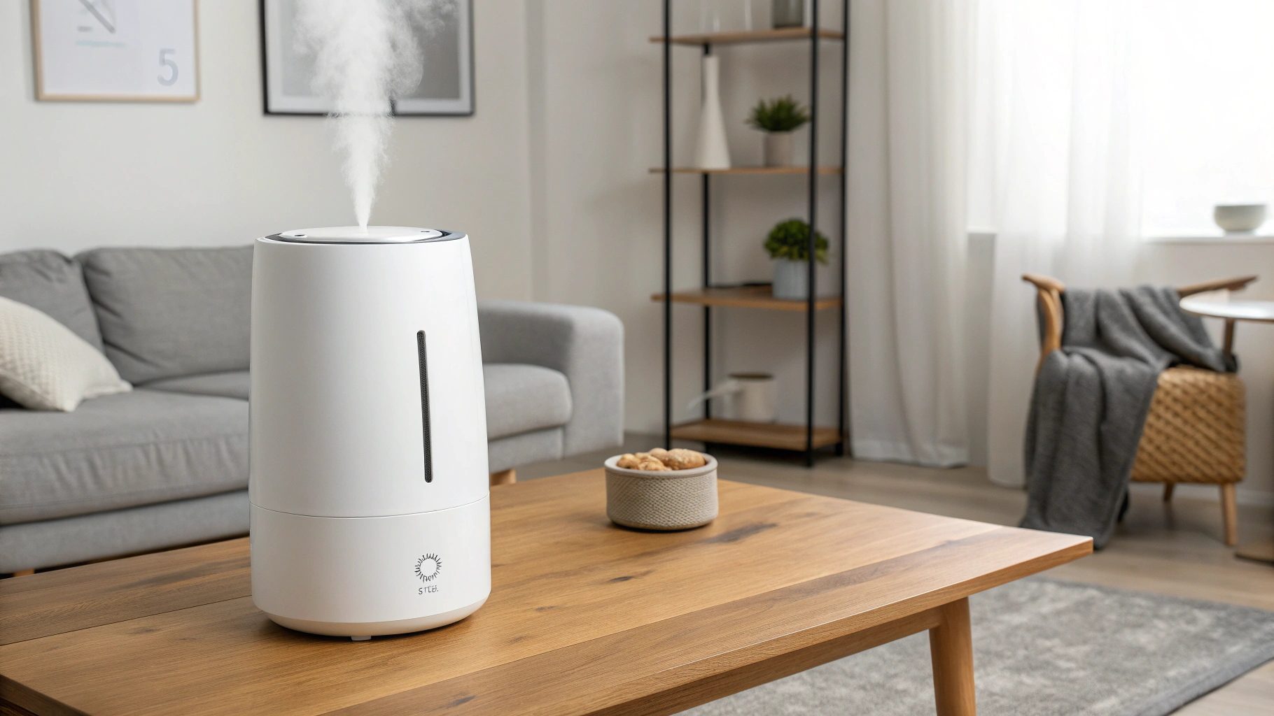 a sleek modern white humidifier on a wooden table