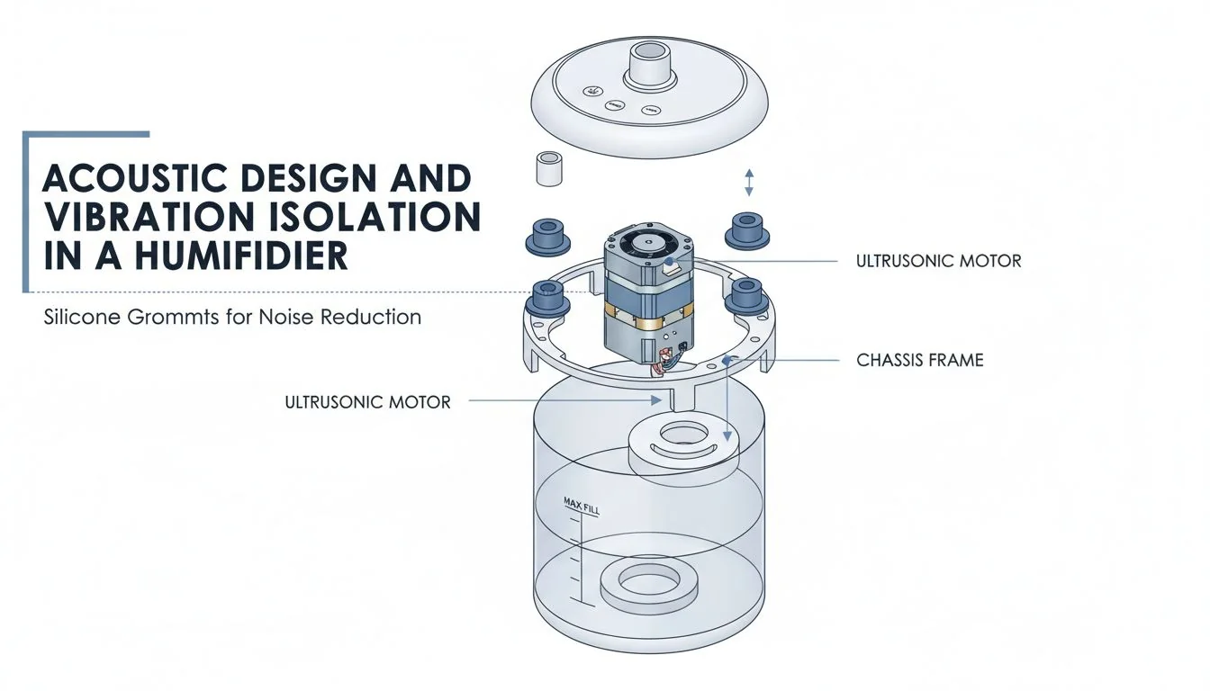 Acoustic Design and Vibration Isolation in a Humidifier An exploded view of a humidifier showing silicone grommets isolating the motor from the chassis.