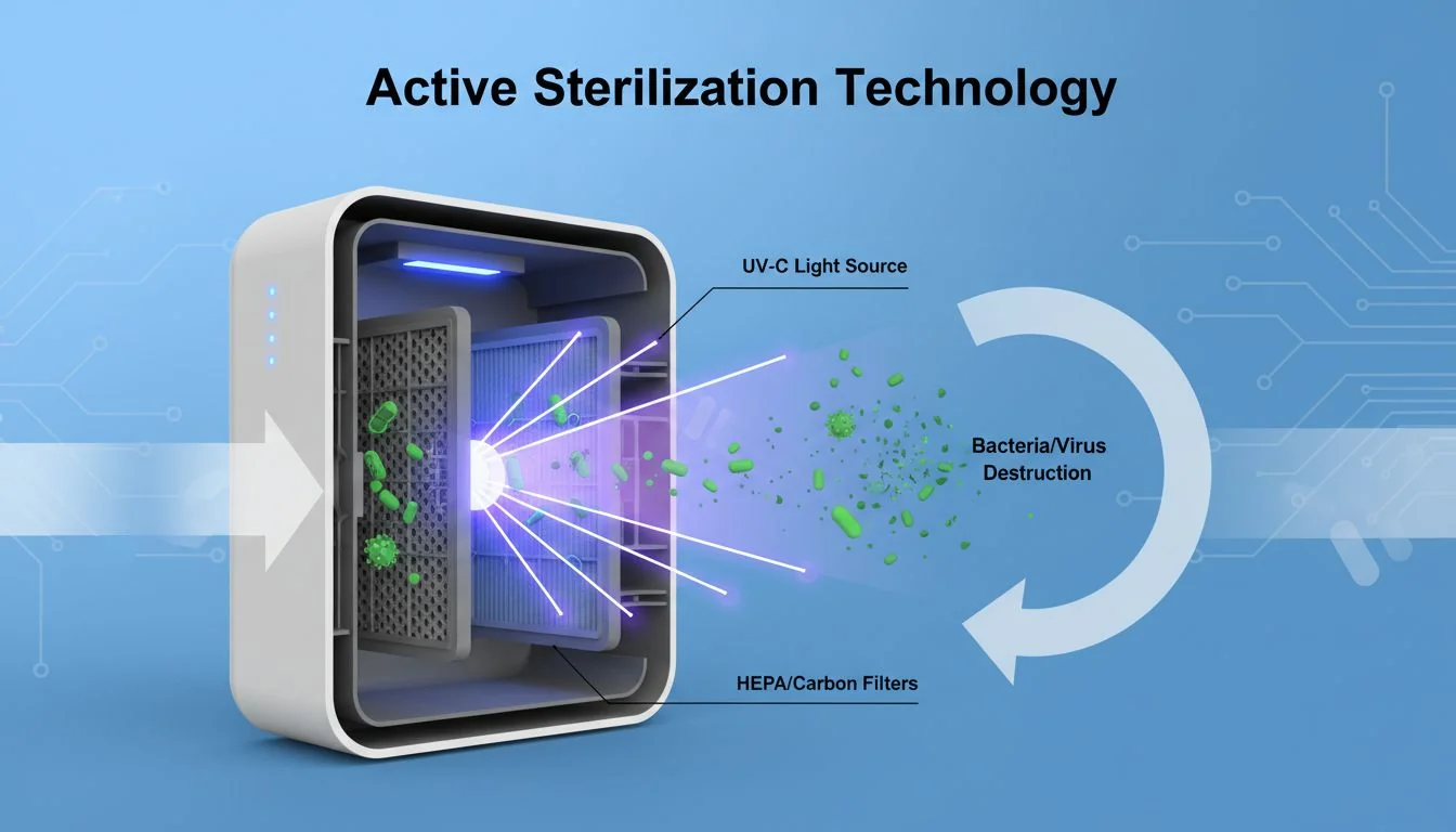 diagram of UV-C light killing bacteria inside an air purifier