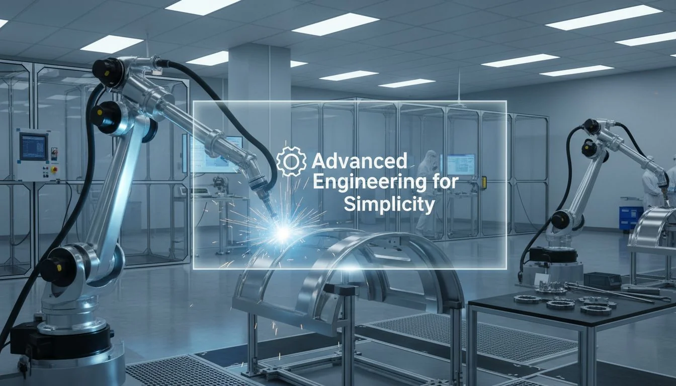 Advanced Engineering for Simplicity A robotic arm precisely welding a stainless steel component in a clean, modern factory setting.