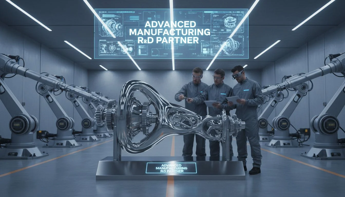 An image of a clean, advanced factory floor with engineers inspecting a complex stainless steel part.