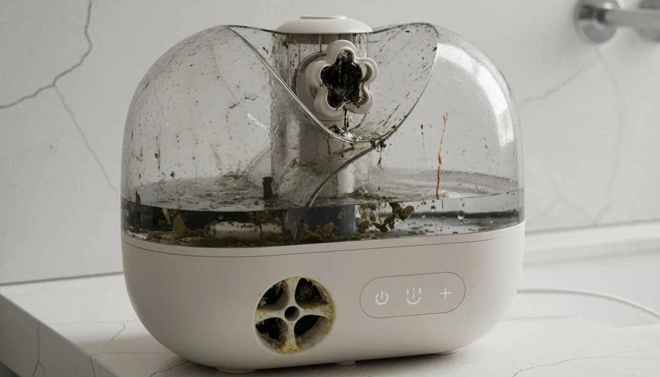 A stylish but moldy plastic humidifier with visible grime in its hard-to-reach corners.