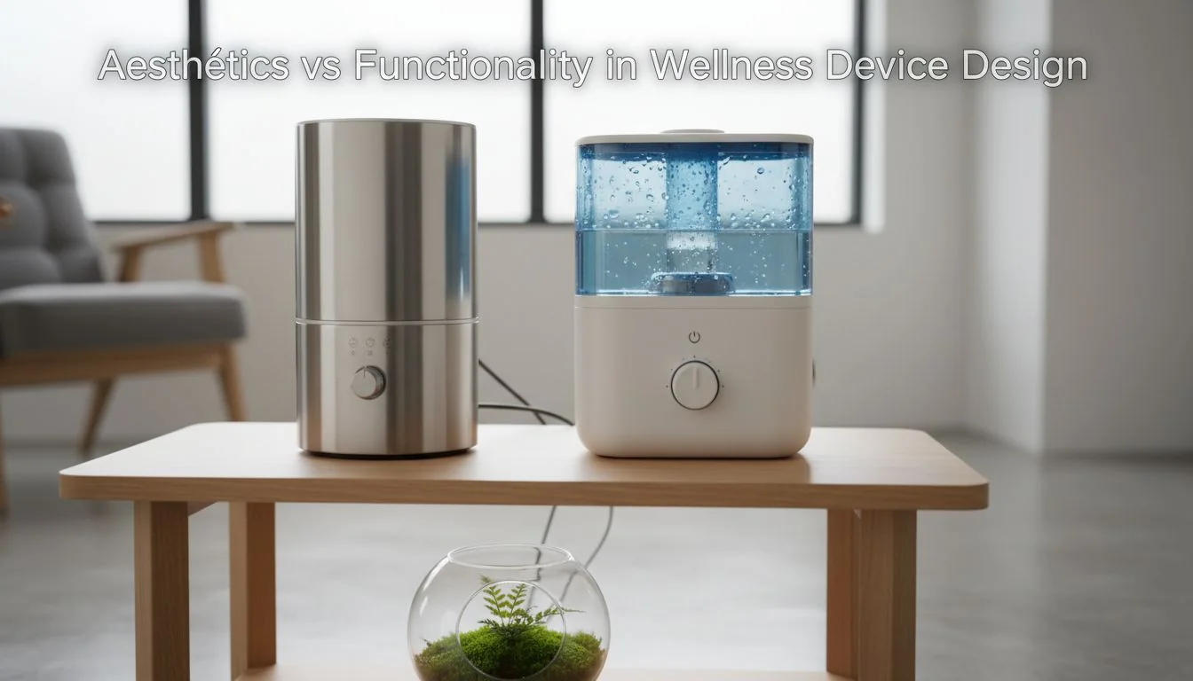 A sleek stainless steel humidifier next to a cheap-looking plastic one on a modern wooden table.