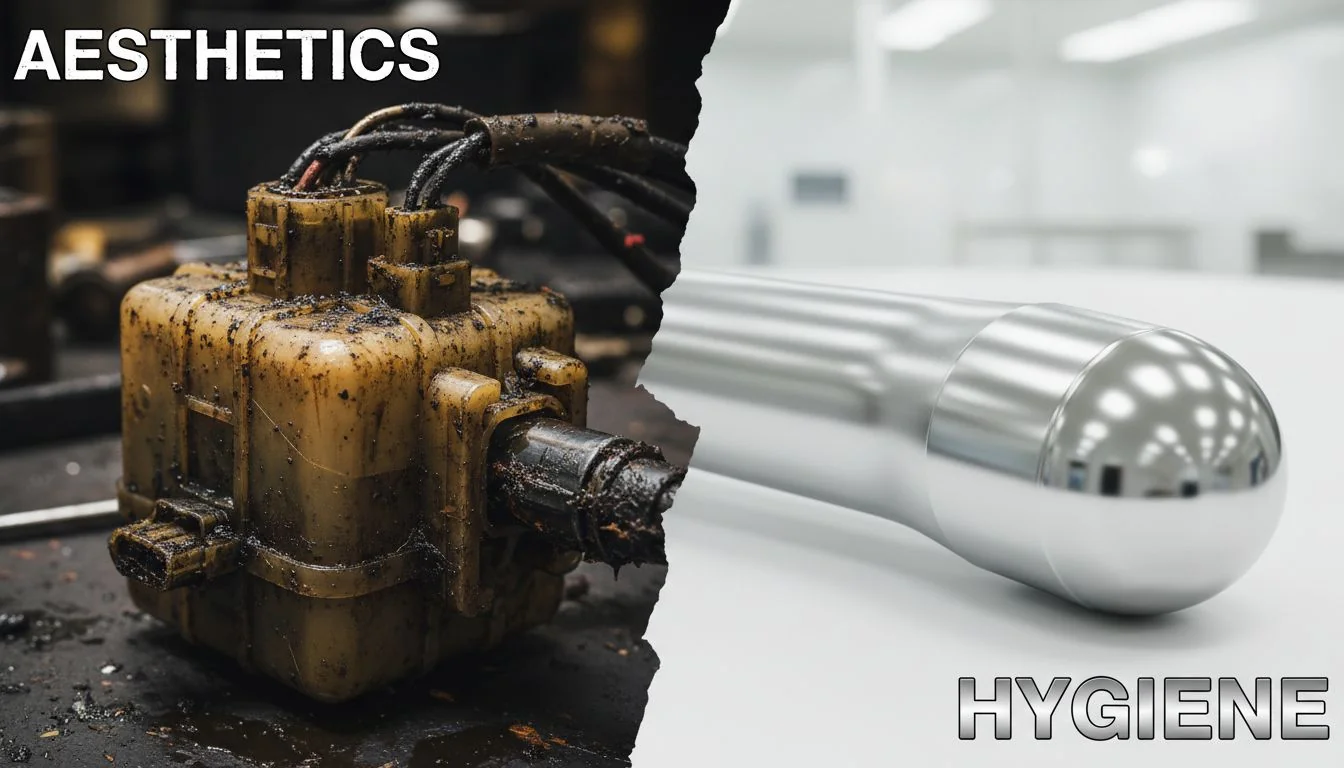 Aesthetics vs. Hygiene A split image showing a grimy, complex plastic part on one side and a clean, simple stainless steel part on the other.