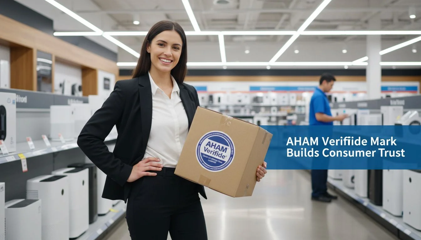 An image of a customer confidently choosing an air purifier with the AHAM Verifide seal on its box.