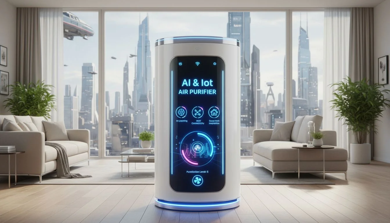 AI and IoT Air Purifier Concept futuristic air purifier with digital interface and smart home icons