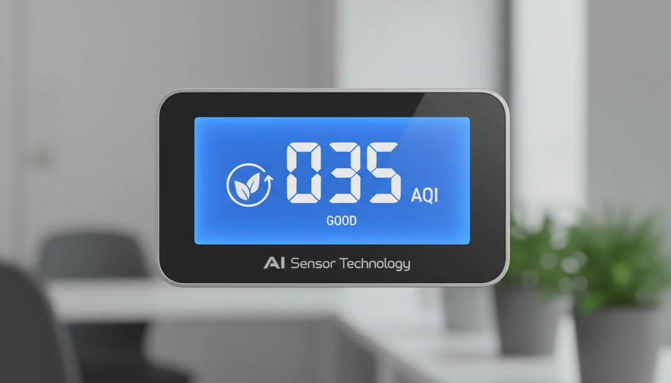 close up of air quality sensor display showing numbers