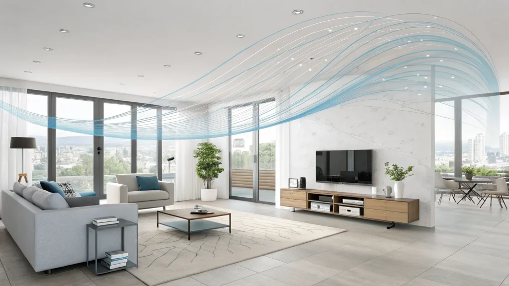 An abstract image showing data streams flowing into a clean, modern living room, symbolizing AI managing air quality.