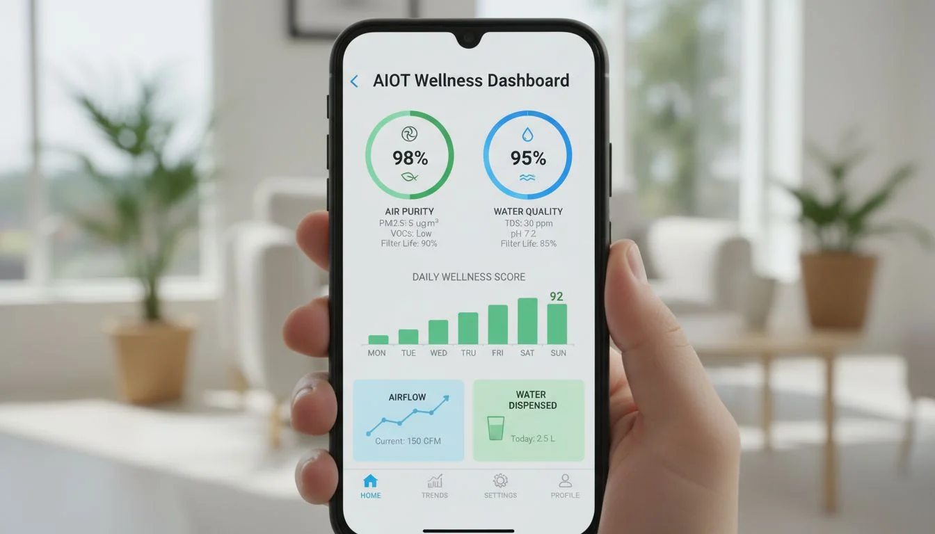 A smartphone app dashboard showing integrated data from a smart air and water purifier