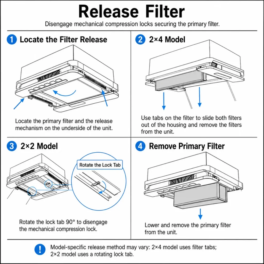 Diagram showing step-by-step instructions for removing an air filter, including locating the release, disengaging locks, and removing the filter.
